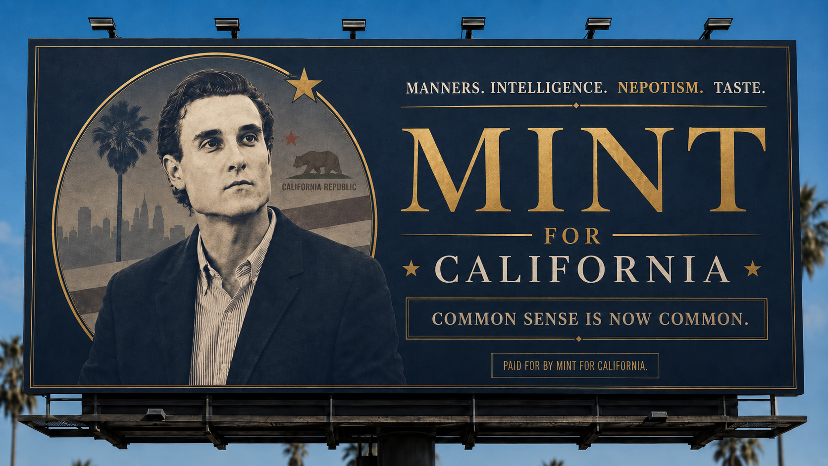 Mint for California campaign billboard against a blue sky