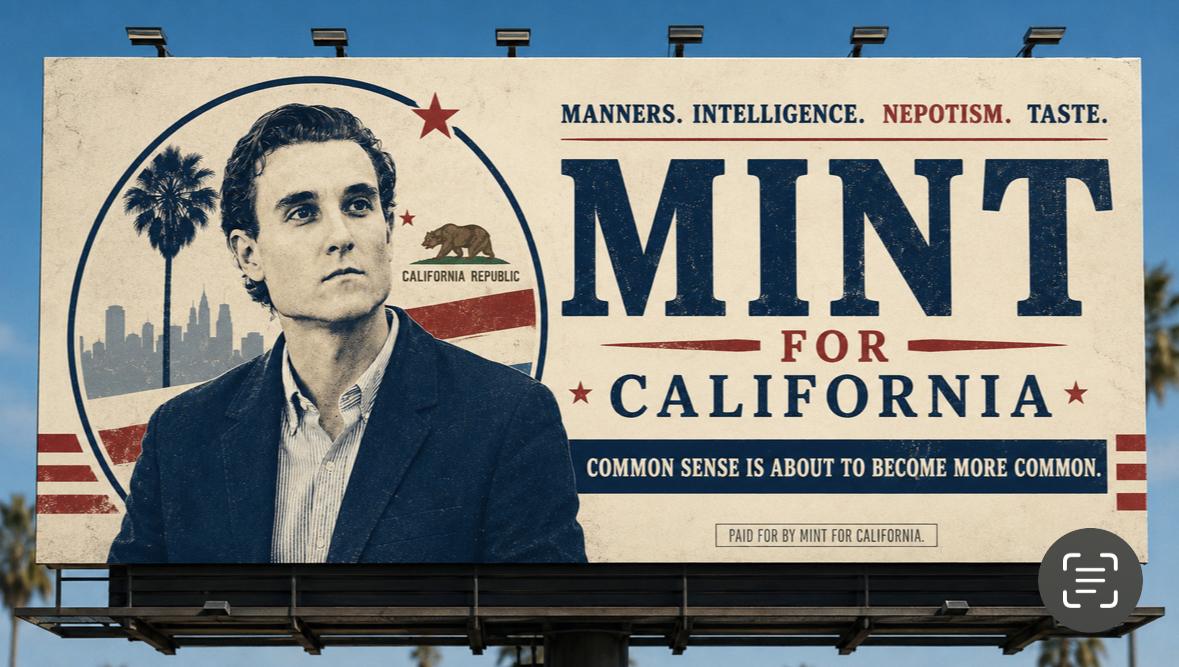 Mint for California campaign billboard against a blue sky