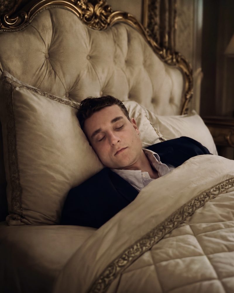 The candidate asleep in a suit, observing his mandatory siesta